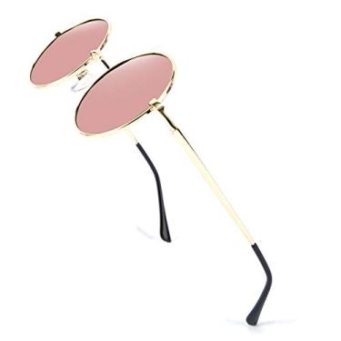 Imagem de FEISEDY Óculos de sol Steampunk retrô redondo polarizado feminino masculino B2528, Lentes espelhadas rosa e armação dourada 005, 47mm
