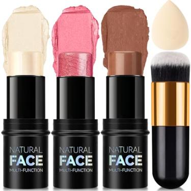 Imagem de Meilury Bastão De Contorno Cremoso 3 Cores, Tons Com Iluminador, Blush E Bronzeador Para Esculpir As Bochechas, Longa Duração, À Prova D'Água, Acabamento Fosco Orvalhado Mulheres (Claro (1+3+4))