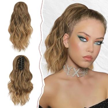 Imagem de SOFEIYAN 14" Extensão De Rabo Cavalo, Grampo Garra Curto Ondulado, Apliques Cabelo Sintético, Castanho Dourado A Cinza, Em Camadas Naturais, Cacheado E Fofo, Peça Com Cordão Para Mulheres