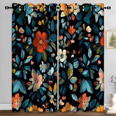 Imagem de Cortina blecaute floral com folhas azuis pretas, flores estéticas, cortinas de janela com ilhós, isolamento térmico, para decoração de sala de estar, quarto, 2 painéis 132 x 213 cm