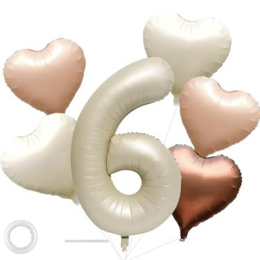 Imagem de 101,6 cm, branco creme, número 6, balões de aniversário, branco leitoso, grande, hélio, número Mylar, balão com 5 peças de balões de coração para decoração de 6 anos de aniversário de menina e menino