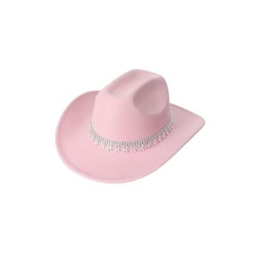 Imagem de BEAUDRM Chapéu de cowboy Fedora feminino com strass e lantejoulas, boho, aba larga, rosa, tamanho �nico