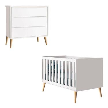 Imagem de Berço Americano E Cômoda Gaveteiro Infantil Theo Branco Acetinado Com Pés Madeira Natural - Reller