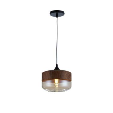 Imagem de Lustre Pendente Wood Circle Vidro Âmbar e Aço cor Madeira 25cm - Viena