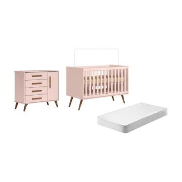 Imagem de Conjunto Quarto Infantil Retro Berço e Comoda Rosa Bogota com Colchao 