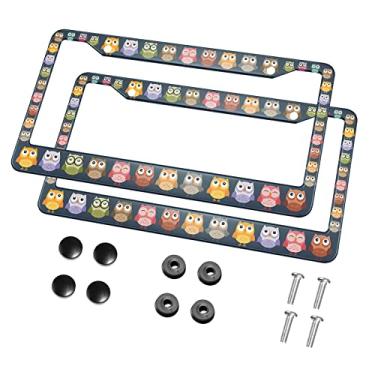 Imagem de HOSNYE Moldura de placa de licença de coruja bonita preta 2 peças Corujas coloridas de metal lindas placas de licença molduras de placa de licença capa de carro para mulheres homens veículos EUA
