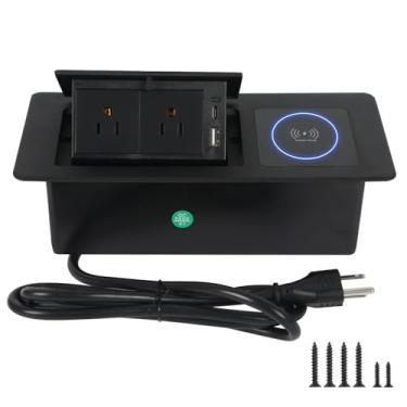 Imagem de WHXGG Tomada Pop-Up De Mesa, Tomada Pop-Up Automática, Centro De Bancada, Régua De Energia Embutida Com Carregador Sem Fio De 15 W + Usb A + Usb C + Cabo 2Ac De 5,9 Pés Para Mesa De Conferência, Esc