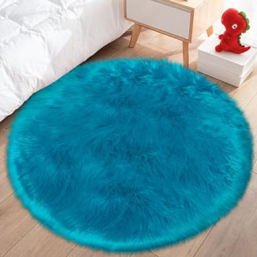 Imagem de TENNOLA Tapete azul redondo pequeno de 90 cm, tapete grosso peludo fofo para adolescentes, tapete circular felpudo de pele de carneiro para quarto interno, quarto, sala de estar, berçário, decoração