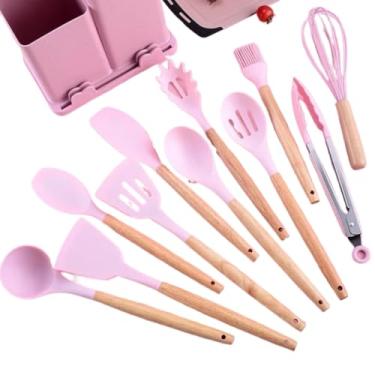Imagem de Kit Cozinha Premium 19 Peças com Tábua de Silicone - Utensílios Inoxidáveis Antiderrapantes (Facas, Espátula, Tesoura e Organizador Compacto)(Rosa)