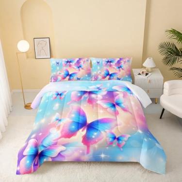 Imagem de QOOMO Jogo de cama casal de borboletas coloridas com borboletas arco-íris, super macio, com 1 edredom e 2 fronhas, microfibra leve para todas as estações