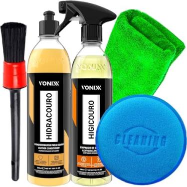 Imagem de Kit Automotivo Limpa Couro Higicouro Hidrata Couro Hidracouro Vonixx Aplicador Pincel Toalha Microfibra 30x30cm Karbox