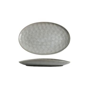 Imagem de Prato de sashimi oval de cerâmica estilo japonês, prato de churrasco oval doméstico - 30 cm cinza e azul