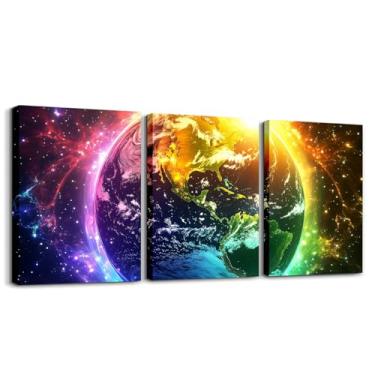Imagem de Feelyou Arte de parede em tela planetas universo 3D para quarto 30,5 x 40,6 cm x 3 peças The Earth Picture Wall Decor Outer Space Wall Art para decoração de casa, céu estrelado brilhante, galáxia,