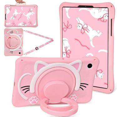 Imagem de HaOaMoEo Capa para Samsung Galaxy Tab A9 22.1 cm (SM-X110/X115/X117) Linda capa de gato rosa feminina menina criança 3D alça giratória suporte e alça de ombro silicone macio para tablet Galaxy A9