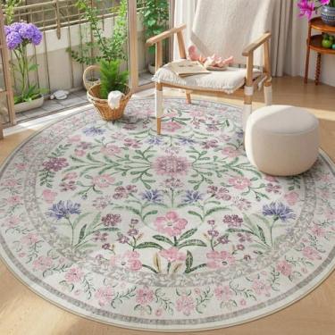 Imagem de Wonnitar Tapetes redondos florais laváveis de 1,8 m, tapetes circulares roxos para quarto de meninas, dormitório, ultrafino, antiderrapante, para quarto de bebê, sala de jogos, roxo claro/rosa