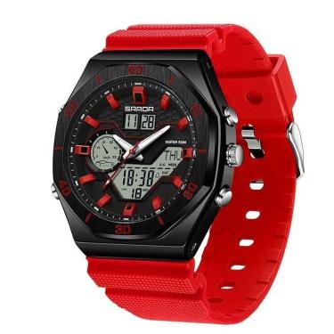 Imagem de Relógio Esportivo Com Dupla Exibição, Cronômetro & Alarme, à Prova D`água 5atm Preto Vermelho