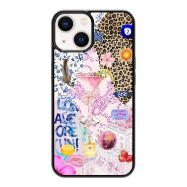 Imagem de qizjio Capa de telefone estética Y2K protetora à prova de choque vintage colagem de martini preppy cheetah impressão capas de telefone para iPhone 14 Plus
