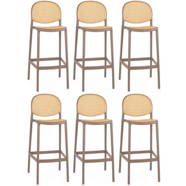 Imagem de Kit 6 Banqueta Alta Com Encosto Roma Em Polipropileno - Marrom Claro