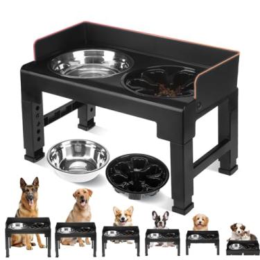 Imagem de BINGPET Tigelas elevadas para cães, tigela elevada para cães com 1 tigela de aço inoxidável para cães e 1 tigela de alimentação lenta, suporte ajustável de 6 alturas, tigela de comida de cachorro