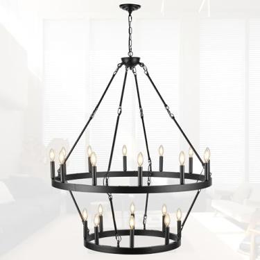 Imagem de HQZBPT Lustre de roda de vagão preto iluminação de mesa de cozinha 2 níveis 20 luzes rústica fazenda sala de jantar lustres 39,3 polegadas iluminação pendente industrial para sala de jantar cozinha