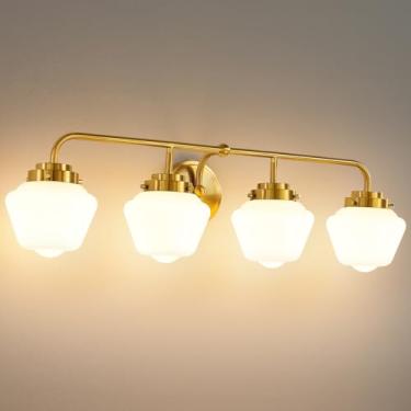 Imagem de RUIYEY Luminárias de toucador de banheiro: 4 luzes douradas escovadas para banheiro, iluminação de arandela de parede com fio E26 60w com vidro leitoso fosco sobre espelho (exclui lâmpada)