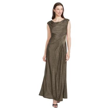 Imagem de Maggy London Vestido feminino maxi drapeado com decote drapeado e franzido lateral, Dourado/preto, 44