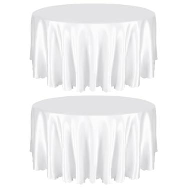 Imagem de Entisn Pacote com 2 toalhas de mesa redondas de 3 m, toalha de mesa de cetim branco para 8 a 12 assentos, toalhas de mesa sedosas laváveis e resistentes a amassados para decoração de festas de