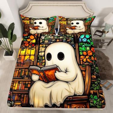 Imagem de Jogo de lençol de cama Ghost Reading vintage, marrom, livros mágicos, bolso profundo (sem lençol de cima), capa de colchão estilo vitral chique fantasma de Halloween, solteiro com 1 fronha