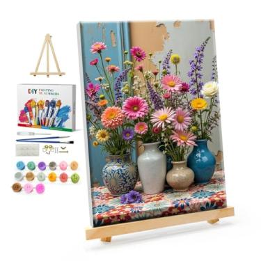 Imagem de YOYA Kit de pintura emoldurada por números para adultos – kit de pintura de flores por números em tela com cavalete, pintura de flores DIY por número tela emoldurada para decoração de parede de casa