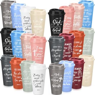 Imagem de Tioncy Copos de plástico reutilizáveis para mulheres e homens, versículo bíblico, copos de plástico com tampas, 473 ml, copos de café religiosos, presentes cristãos para igreja (72 peças, Morandi)