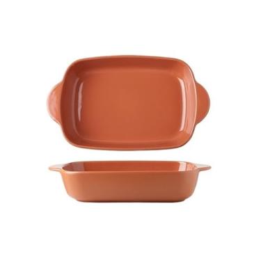 Imagem de Assadeira de arroz assado com queijo assado no forno utensílios especiais tigela de cerâmica retangular orelha dupla placa de micro-ondas assadeira (vermelho, 28 cm)