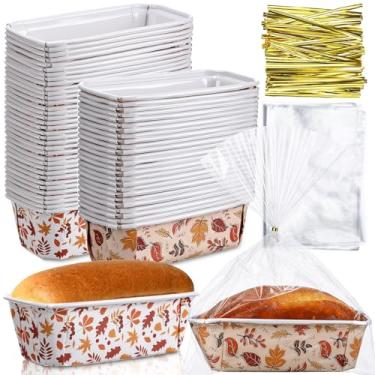 Imagem de Hushee 50 conjuntos de formas de bolo descartáveis de 15 x 5 x 5 cm com sacos plásticos transparentes e laços de papel retangular para pastelaria de pão de ação de graças (folhas)