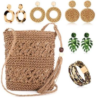 Imagem de Conjunto de acessórios Hicarer Beach Purse Brincos Bolsa de Palha para