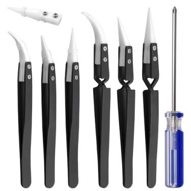 Imagem de SPEEDWOX Conjunto de 6 pinças de cerâmica reversa de precisão, pontas retas e curvas, conjunto de pinças de cerâmica de precisão de solda reversa, pinça antimagnética para bobinas de solda