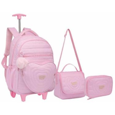 Imagem de Kit Mochila Feminina De Rodinha Coração Juvenil Escolar Com Chaveiro -