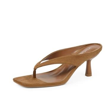 Imagem de VIUGJNEX Chinelo feminino com salto gatinho, bico aberto, salto baixo, fio dental, quadrado, moderno, verão, festa, salto elegante, sandálias femininas, Camurça marrom, 37