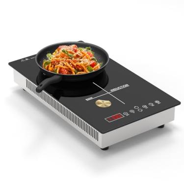 Imagem de TYEMUI Fogão de indução com 2 queimadores, placa quente de indução dupla com temporizador e trava para crianças, fogão elétrico portátil de 110 V/120 V, queimador duplo com controle de toque embutido