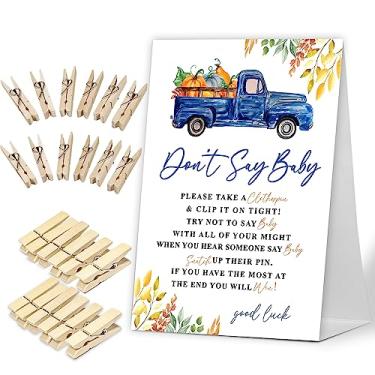 Imagem de Sxurt Don't Say Baby Game - Jogo de chá de bebê com abóboras de outono e outono - cartolina retangular laranja moderna e placa de madeira (12,7 x 17,8 cm) com 50 mini prendedores de roupa de madeira