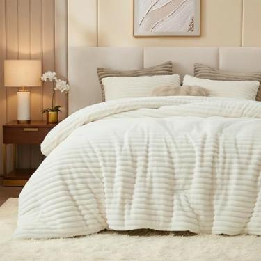 Imagem de Geniospin Jogo de cama king size de lã, ultramacio, branco creme, conjunto de edredom reversível de 3 peças para todas as estações, quente e aconchegante (branco, 250 x 234 cm)