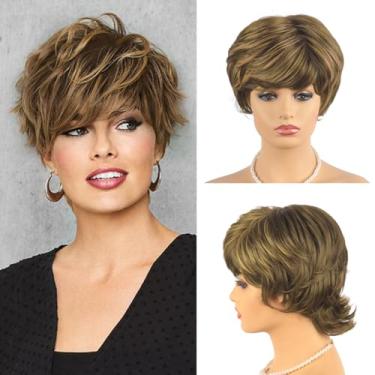 Imagem de Perucas marrons curtas com franja em destaque, marrom, corte Pixie, perucas para mulheres brancas, aparência natural, perucas de cabelo curto sintético para mulheres