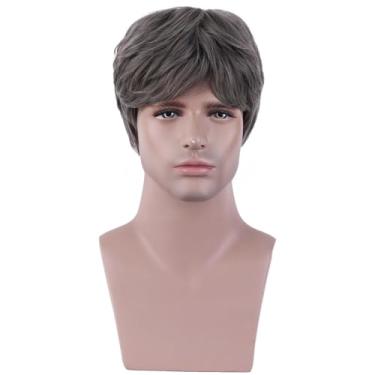 Imagem de BERON Perucas sintéticas masculinas masculinas, cinza, curto, liso, cinza escuro, resistente ao calor, para uso diário, vêm com touca de peruca
