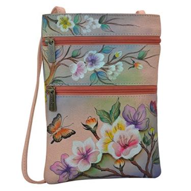 Imagem de Anuschka Bolsa tiracolo feminina de couro legítimo pintada à mão com zíper duplo, Jardim Japonês, One Size