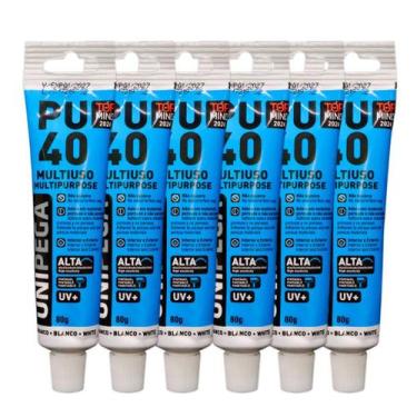 Imagem de Kit 6 Adesivos Selante PU 40 Bisnaga Plástica Unipega Branco 80G/50ML,
