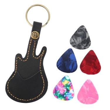Imagem de RiToEasysports Mini Bolsa de Picareta de Guitarra, Suporte de Chaveiro de Couro Genuíno, 5pcs de Plectrums (Preto)