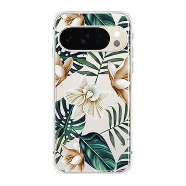 Imagem de Peachy Life Capa para Google Pixel 10 Pro XL, estampa de flores da selva tropical com design de folhas de palmeira capa protetora transparente de TPU macio de 6,8 polegadas (samambaia de pétala branca