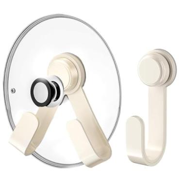 Imagem de Tekunao Pacote com 2 suportes de tampa – organizador ajustável de parede para armário com ventosa, ganchos multifuncionais resistentes para tábua de corte, panela (branco)