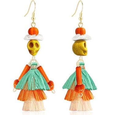 Imagem de JNONL Brincos de pingente de flor de esqueleto exclusivos feitos à mão com pingente de cristal brilhante e pingente de caveira para mulheres, Large, Metal, Sem pedra preciosa