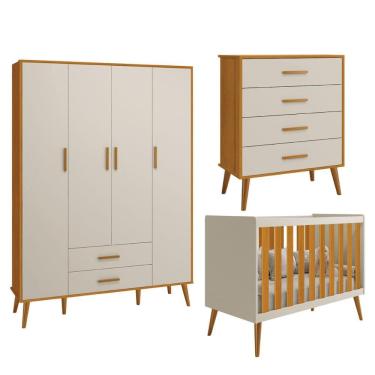 Imagem de Kit Isis Berço 2 em 1 Comoda Gaveteiro e Roupeiro 4 Portas