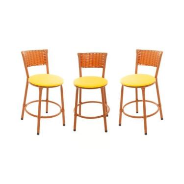 Imagem de KIT 3 Banqueta Baixa Encapada Junco IMBUIA Bar Bistro Americana Cozinh