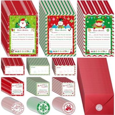 Imagem de Harloon 600 peças de kit de escrita de carta para o Papai Noel, lista de desejos de Natal, boneco de neve, elfo, papel de carta de Natal, papelaria com adesivo, envelopes de floco de neve
